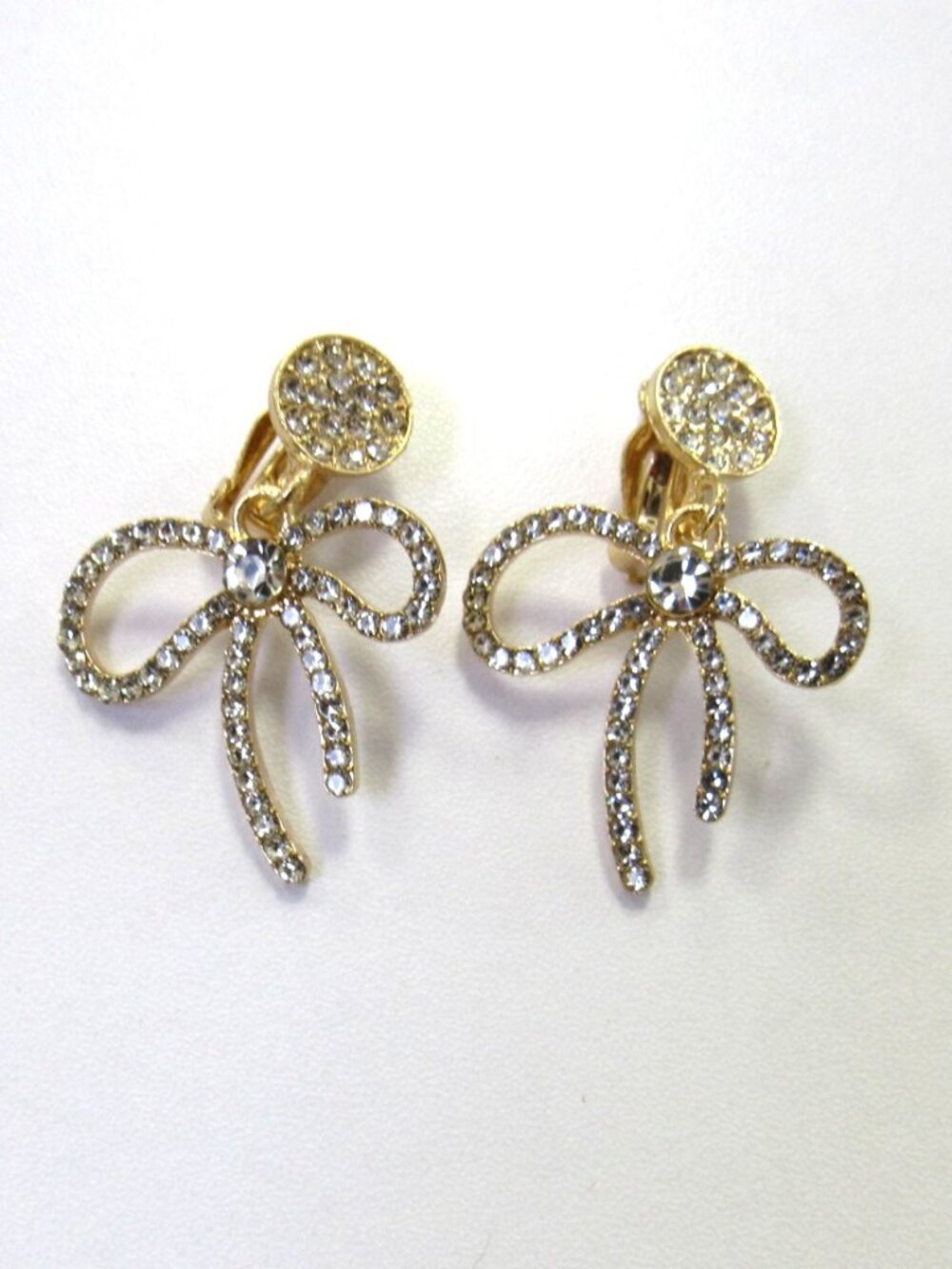 Gold Plated Rhinestone Sparkle Bow Clip On Drop Dangle Earrings Clip-ons